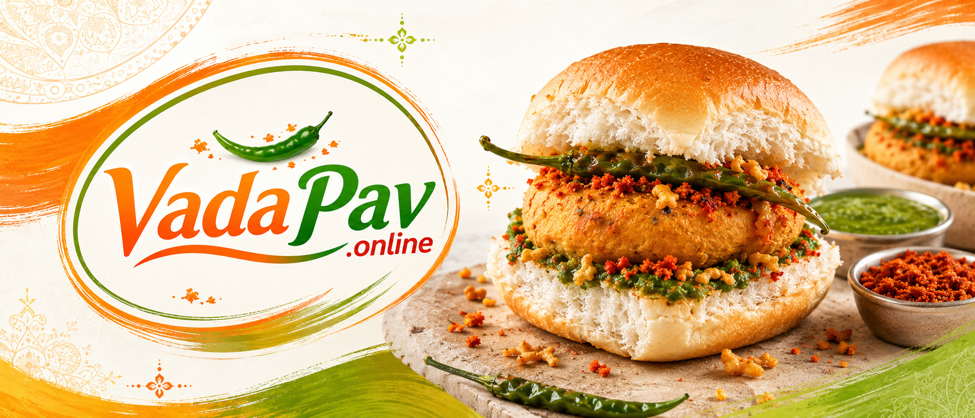 VadaPav.online — a golden vada pav with green chili, chutneys and garlic masala